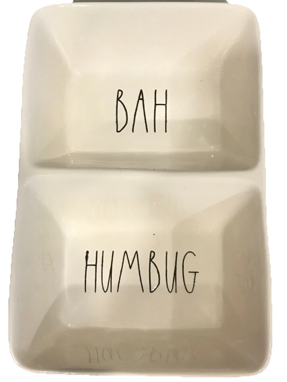 NEW Rae Dunn Bah Humbug White Ceramic Artisan 2 sided nut candy tray